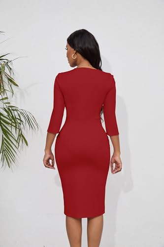 FANDEE Women's Vintage Dresses 3/4 Sleeve V-Neck Bodycon Pencil Midi Work Church Dress with Belt2