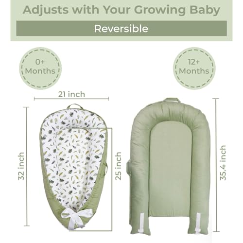 Image of Aila+Aiden Baby Lounger | Organic Cotton Infant Lounger | Reversible, Adjustable & Portable Floor Lounger |Supervised Use | Soft, Breathable, Washable Cover - Star Collection (Sage Leaf)
