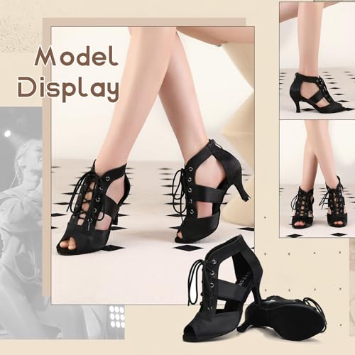 DKZSYIM Women's Open Toe Ankle Dance Boots Ballroom Lace-up Latin Salsa Dance Shoes,D432