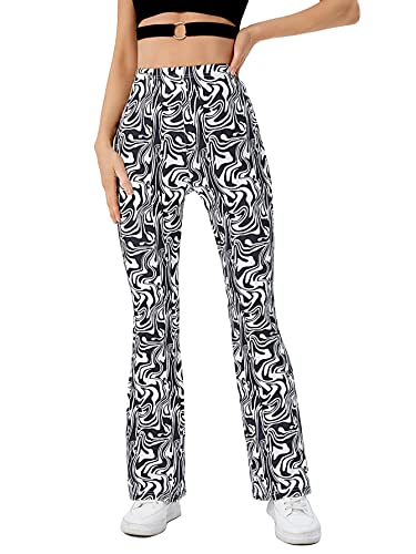 WDIRARA Women's Marble Print Elastic High Waist Flare Bell Bottom Pants