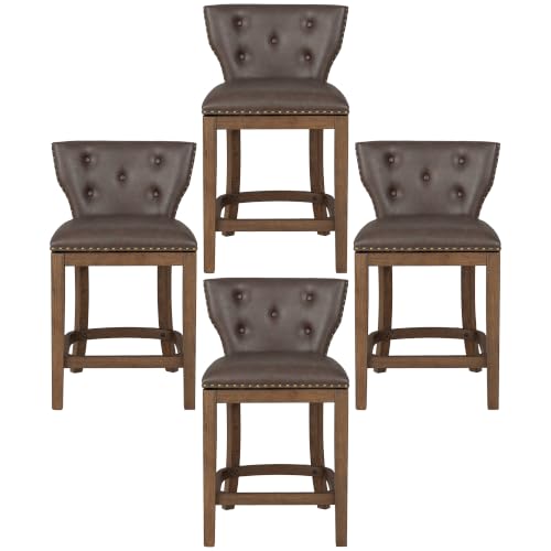 Image of ROME + OAK Carlynd 26 inch Swivel Counter Stool, Walnut, Saddle Brown, Set of 4 | Low Back Kitchen Barstool with Vegan Leather Upholstered Seat for Counter Height Dining