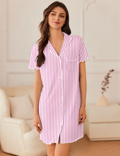 Image of Ekouaer Nightgowns for Women Button Down Sleep Shirt Short Sleeve Sleepwear | Ladies Night Gowns Classic Night Shirt Casual Pajama Dress for Sleep, Wedding, Party, Labor, Delivery, Maternity, Nursing