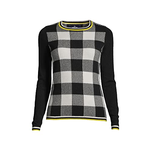 Lands' End Womens Cash CN Sweater - Jacquard Black/Ivory Buffalo Check Regular Large