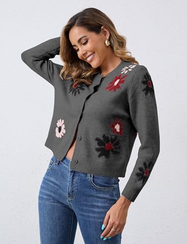Image of Cardigan Sweaters for Women Cropped Button Down Sweater Long Sleeve Crew Neck Knit Floral Print Outwear