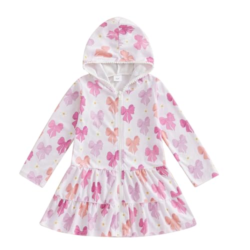 Toddler Girl Swimsuit Cover Up Kids Beach Dress Bow Print Long Sleeve Hooded Bathing Suit Towel Coverup Swimwear