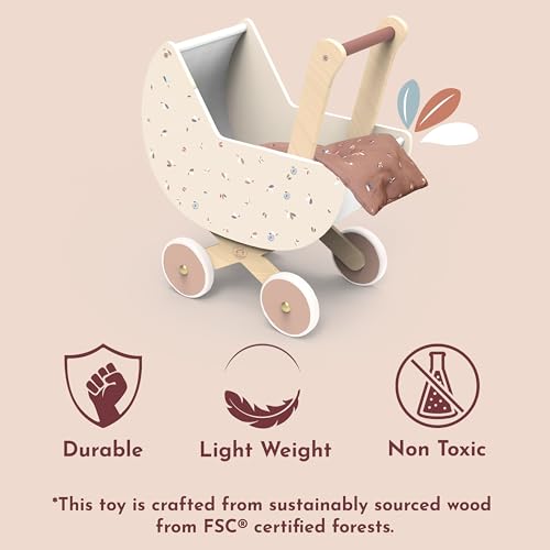 Speedy Monkey Puppenwagen aus Holz, schön verarbeitet, FSC-zertifiziert, Puppenzubehör aus Holz für Kinder ab 2 Jahren, sicher, leicht, leicht zu bewegen und zu reinigen, Farbe – Bild 7