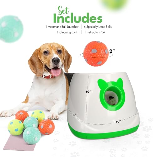 THE THOUGHTS OF FUN CO. Automatic Dog Ball Launcher Dog Fetch Machine for Small to Medium Sized Dogs,3 Launch Distances, Ball Launcher for Dogs with 6 Latex Balls, Dual Power Supply