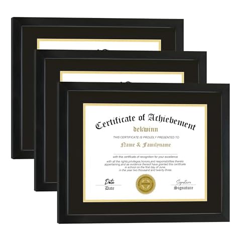 DEKWINN Diploma Frames 8.5x11 with Mat or 11x14 without Mat,Set of 3 Certificate Document Frame with Real Glass for Wall and Tabletop Display in Black(Black/Gold Double Mat) Cover