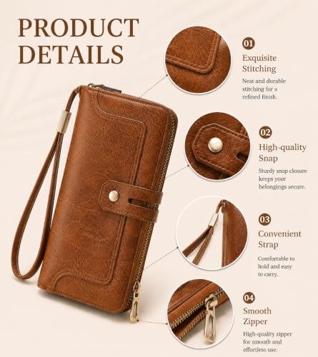 Image of Womens Wallet Rfid Blocking Bifold Leather Wristlet Cute Long Clutch Brown | Large Capacity Card Holder Wallet Purse with Zipper,ID Window,Strap for Female Ladies Teen Girls