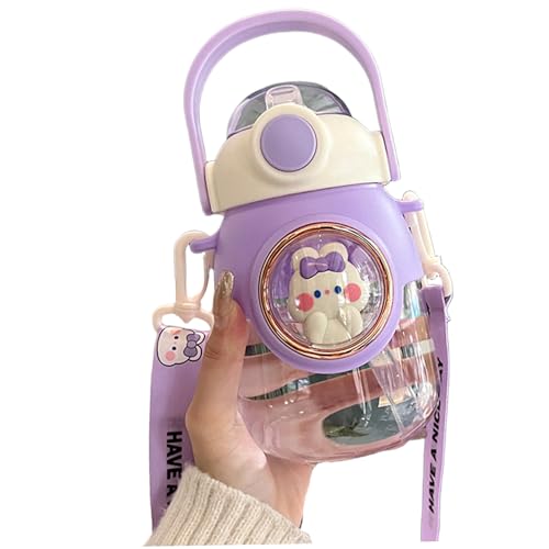 Botella de agua Kawaii con pajita de silicona, botellas de agua portátiles de 820 ml con correa ajustable para el hombro, botella de dibujos animados a prueba de fugas para exteriores y deportes