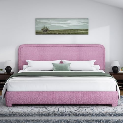 Image of BarnFurin King Bed Frame, Cloud Boucle Headboard, Low Profile, Rose Pink