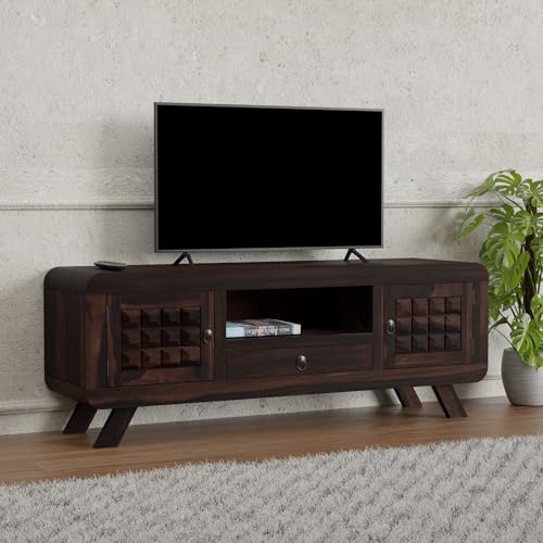 Image of Sheesham Wood Entertainment Tv Unit for Living Room | Free Standing Media Console Movable Tv Cabinet Sideboard | Tv Table Side Board with 2 Doors, 1 Drawer & Open Shelf Storage | Walnut