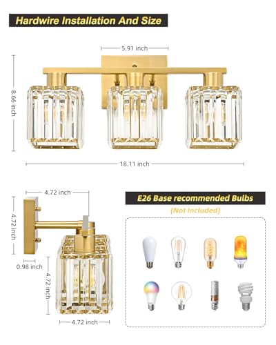OKELI 3-Light Bathroom Light Fixtures, Modern Gold Crystal Wall Light for Bathroom,Lighting Fixtures Over Mirror — view 2