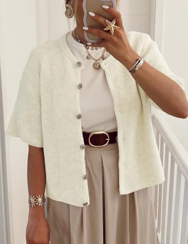 Image of Wyeysyt Womens Cropped Knitted Cardigan Y2K Short Sleeve Button Down Sweater Cardigan Shirt Casual Solid Color Ribbed Outwear