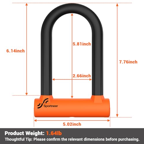 Image of Sportneer Bike Lock Heavy Duty Anti Theft U Lock with 5ft Steel Cable | 17mm Shackle Bicycle U-Locks with 2 Keys & Mounting Bracket for Road Mountain Bike, Size 19.2cmx12.8cm, 0.74kg