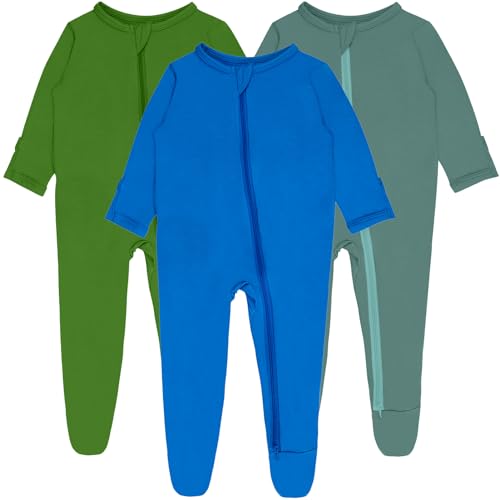 Image of Baby Boy Footed Pajamas with Mittens,Rayon Made from Bamboo Sleepers, 2 Way Zipper Long Sleeve Pjs