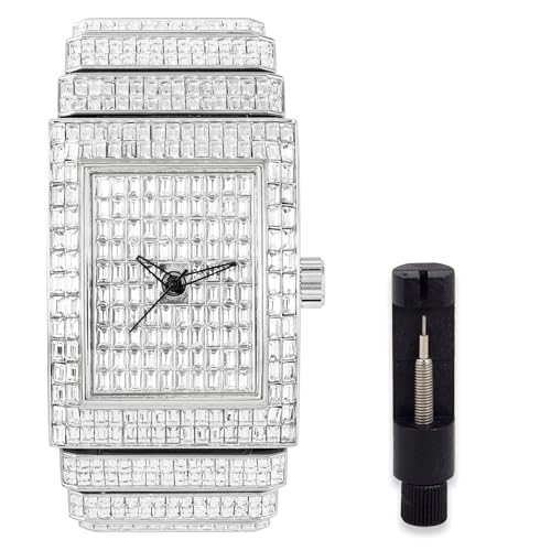 Montre rectangulaire homme 40 mm avec diamants glacés et bracelet ajustable