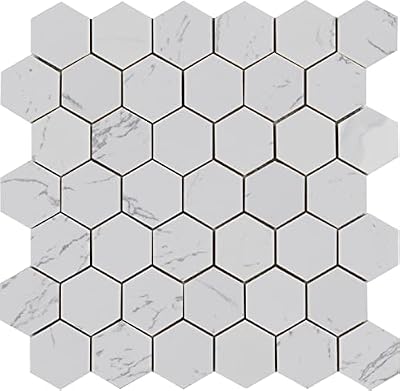 Simple Tile - Engineered Marble Mosaic Tile for Kitchen Backsplash, Bath Bathroom Floor, 2" Hexagon Collection", 2"X2" Hexagon, 12"X12"X5/16", Honed (Calacatta White, Sample Swatch (5.5"X5.5"))