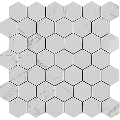 Simple Tile - 5 Sheets Engineered Marble Mosaic Tile for Kitchen Backsplash, Bath Bathroom Floor, 2" Hexagon Collection, 2"X2" Hexagon, 12"X12"X5/16, Honed (Calacatta White, Box of 5 Sheets) Cover