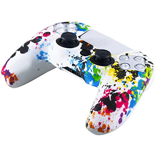 YoRHa Studded Printing Silicone Cover Skin Case for PS5 Controller x 1(Graffiti) with Pro Thumb Grips x 8