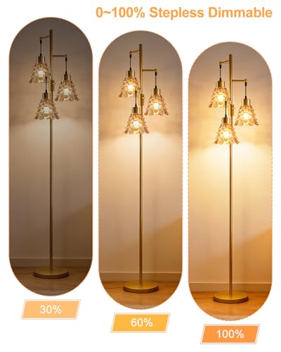 Image of 3-Light Modern Glass Floor Lamp, Gold Standing Tall Lamp with Amber Pinecone Glass Shade for Reading, Dimmable LED Floor Lamp with 5Lbs Heavy Base for Living Room Bedroom Home Decor, Bulb Included