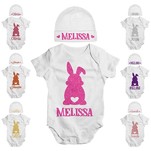 Personalized Easter Baby Onesie with Hat Gift for Boy Girl - Custom Bunny Rabbit Design Short Sleeve Outfit Onesies - Customize Printed Infant Baby Bodysuit - Organic Unisex Cotton Newborn Toddler C04