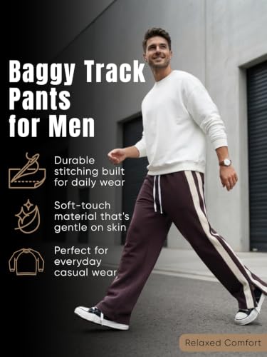 Image of GRECIILOOKS Men Casual Trouser | Men's Wide Leg Track Pants with Contrast Side Panel | Relaxed Drawstring Fit Streetwear Trousers | Loose Fit Joggers for Man