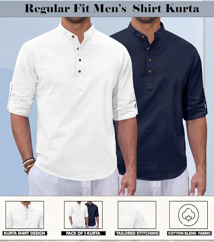 Image of Zombom Combo of Men's Casual Solid Cotton Polyester Blend Full Sleeve Straight Kurta Shirt (Pack of 2)