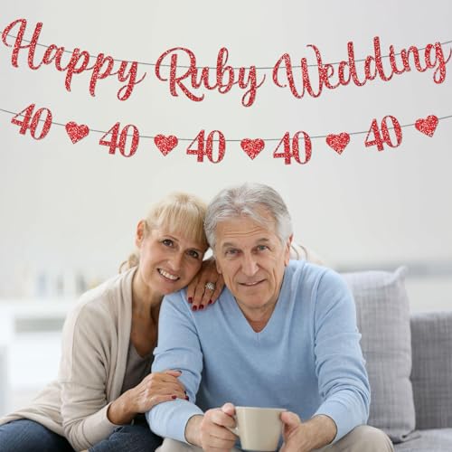 40th Happy Ruby Wedding Banner - Set of 2 Glitter Ruby Wedding Decorations, Happy Anniversary Banner With Red Heart Bunting for Party