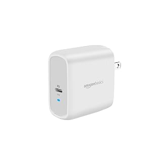Amazon Basics 65W One-Port GaN USB-C Wall Charger with Power Delivery PD, Foldable Plug, Portable, Fast Charging for Laptops, Tablets & Phones, Non-PPS, White