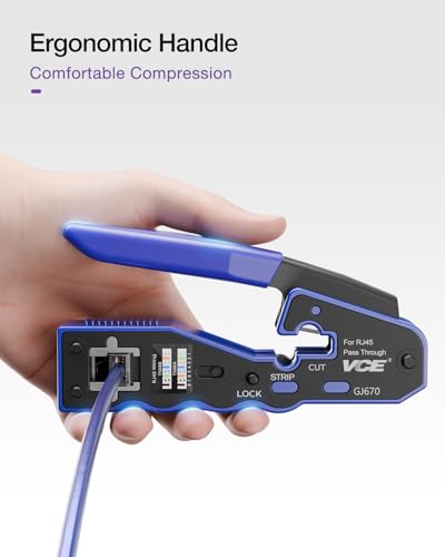 VCE GJ670BL RJ45 Crimp Tool, Pass Through Ethernet Crimping Tool for Cat5 Cat6 Cat7 End Pass-Thru Connector, Support Stripping & Cutting