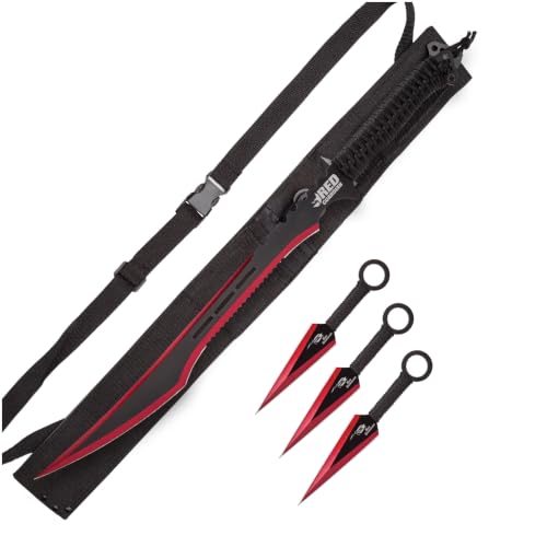 Red Guardian Ninja Sword and Kunai Set - 27” Stainless Steel Ninja Sword