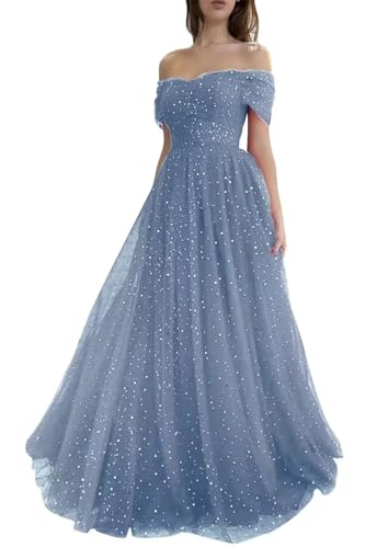 Starry Tulle Prom Dresses for Women Off Shoulder Ball Gowns Formal Party Dresses Long A Line Sparkle Evening Gowns