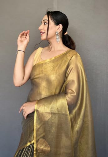 Image of SWORNOF Gold-Toned Woven Design Silk Zari Tissue Saree | Saree for Women | Soft and Skin Friendly