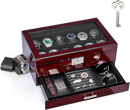 ANWBROAD Caja para 12 Relojes Caja para Relojes con Tapa Grande de Cristal Joyero para Hombre 2 Niveles con Cierre Organizador de Lujo para Regalo dia del Padre JWB001Y
