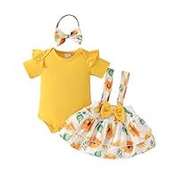 LUVCES Ensemble Jupes Nouveau-né Fille Manche Courte à Volants Barboteuse Haut + Joli Imprimé Floral/Ours Robe à Bretelles+Bandeau 3Pcs été Vêtements Tournesol jaune 3-6 Mois