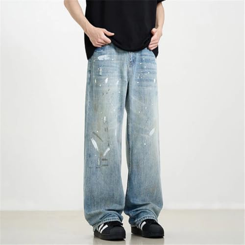 Men's Denim Pants Splashed Ink Washed Jeans Straight Wide Leg Trousers3