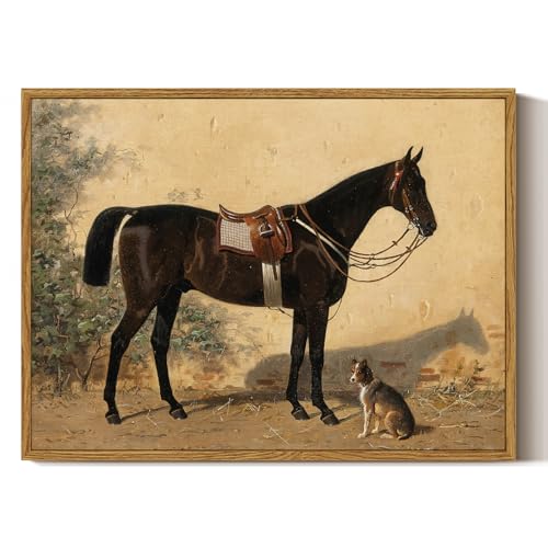 Image of ARPEOTCY Framed Canvas Horse Wall Art, Classical Horse and Dog Art Print for Home Decor, Rustic Farmhouse Country Shelf Wall Decor for Living Room, Bedroom Office, Aesthetic, 12x16 inch