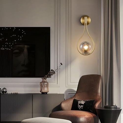 Image of KCO Lighting Brushed Brass Gold Smoke Glass Teardrop Wall Sconce Hardwired | E26 Bulb Included, Indoor Bathroom Vanity Light Mid Century Modern Wall Light for Bedroom Bedside Kitchen Hallway Stairway