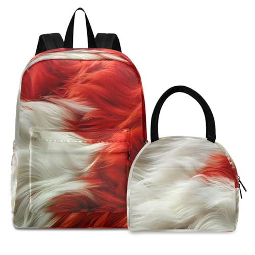 Red White Fur Print Backpack Set with Lunch Bag, Large Capacity Travel Backpacks and Lunch Box Insulated for Commute Hiking Picnic