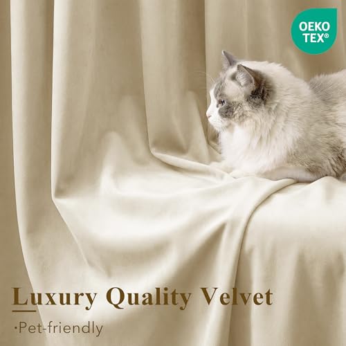 Image of Beige Velvet Drapes Back Tab Privacy for Bedroom, W52 x L100, 2 Pcs | Privacy Window Covering, 300GSM Heavy Velvet, Light Filtering, Rustic, Living Dining Room, Office, Kids Nursery, Kitchen