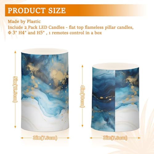 Image of Flickering Flameless Candles, Marble Navy Blue LED Candles with Remote Timer, Set of 2 Battery Operated Candle for Valentine Wedding Birthday