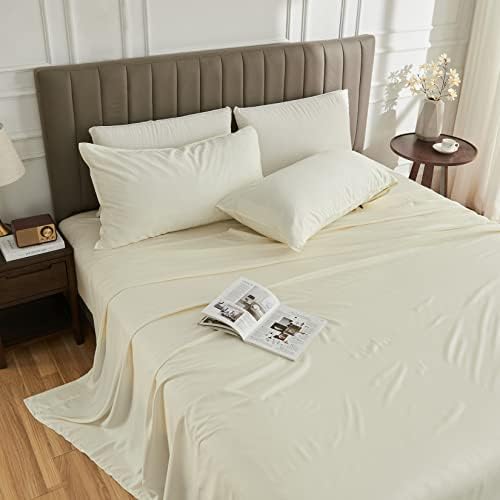 VASROY Hotel Bedding Sheet & Pillowcase Set Direct 100% Bamboo Sheets King Size Cooling 4-Piece Bedding Sheet Sets 16" Deep Pocket Beige