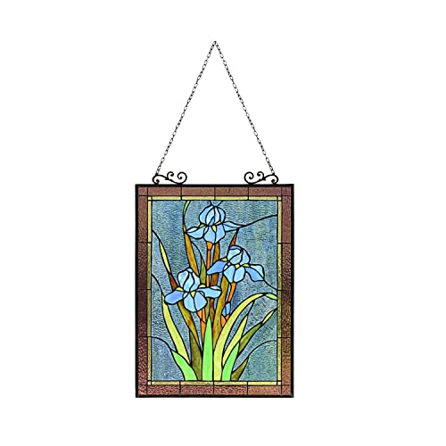 Chloe Lighting Blue Iris Floral Tiffany-Style Verical Hanging 25" Tall Stained Glass Window Panel, Multi-Colored #TOP2