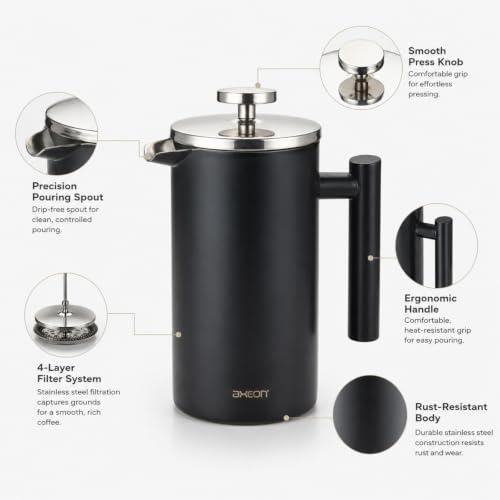 Image of AXEON French Press Coffee Maker - 350ml | 304 Stainless Steel Plunger | 4-Layer Filtration for Grit-Free Brew | Heat Retention, Rust-Free, Portable Coffee Maker for Home, Travel & Office (Black)