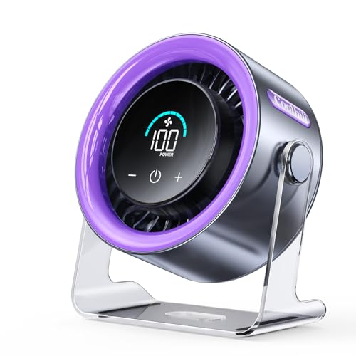 Coolhill USB Desk Fan for Bedroom: 100 Speeds Digital Display Quiet Table Fan with Turbo Airflow, 120° Rotating Small Rechargeable Battery Desktop Fans for Bedroom Home Office (Purple)