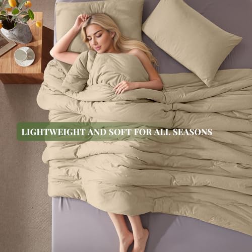 Image of Full Size Comforter Set, Comforters Full Size Luxury Ultra-Soft Jersey Knit Bedding Sets, Khaki Lightweight Down Alternative Bed Comforter for All Season, 3 Piece Bedding Set