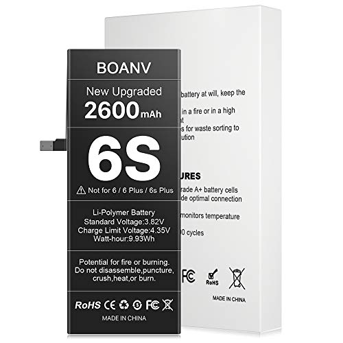 [2600mAh] Battery for iPhone 6S (2021 New Version), BOANV Ultra High Capacity Replacement Battery, with Instructions (no Tools) - 1 Year Service