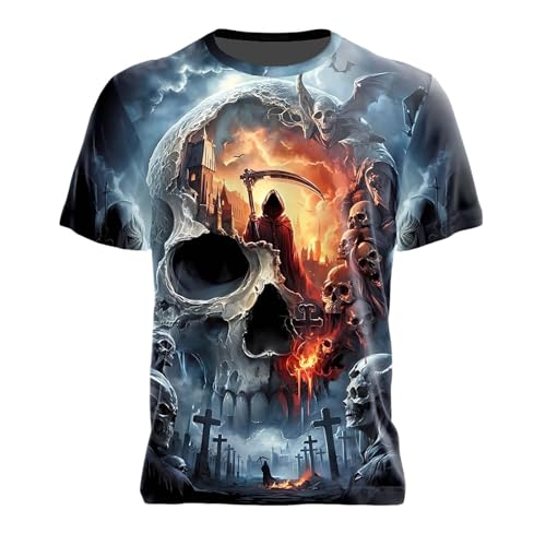 T-shirt imprimé 3D pour homme avec faucheuse et têtes de mort – T-shirt gothique sombre avec motif d'horreur | Haut accrocheur pour les fans de métal et de fantaisie, Style_w01 Bleu, XL