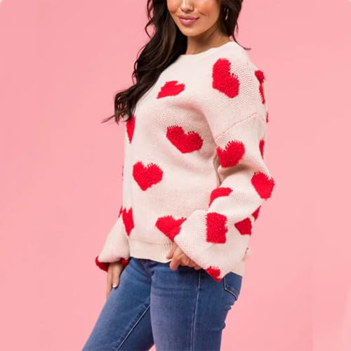 Image of Women's Valentine Love Print Heart Fun Sweater Casual Crewneck Long Sleeve Knit Sweatshirts Pullover Tops